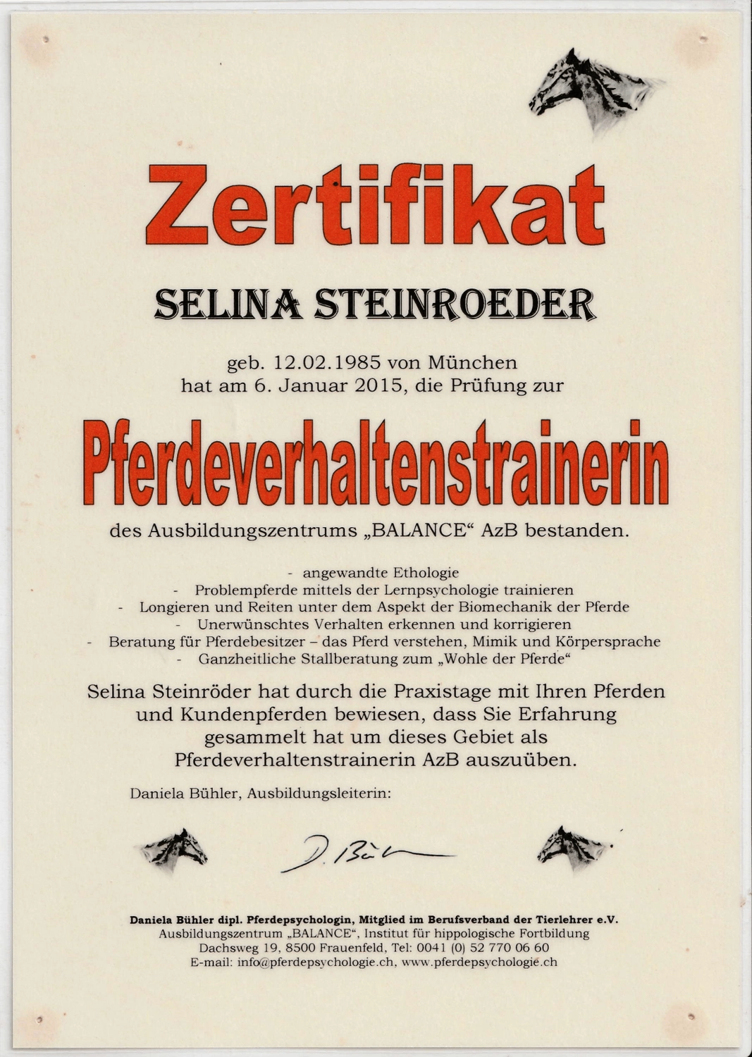 Selina – Pferdetherapie – Zertifikate 